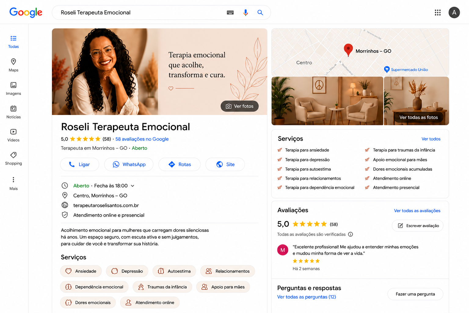 Google Business Profile da Roseli Santos na busca do Google