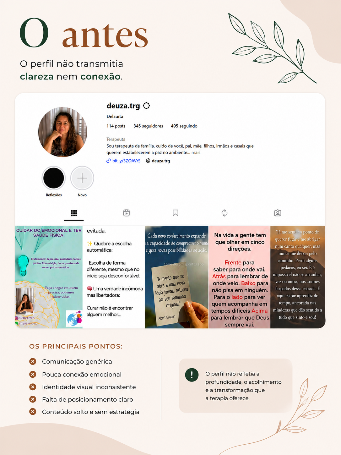 Perfil antes do reposicionamento — comunicação genérica e sem clareza